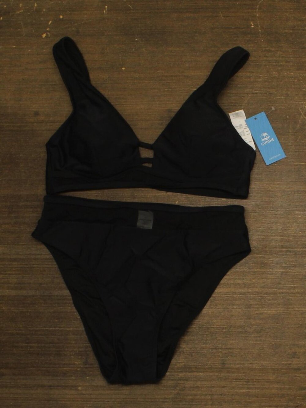 Cupshe Black Adjustable Straps Cutout Back Hook Mesh Bikini Top Set M Sz M